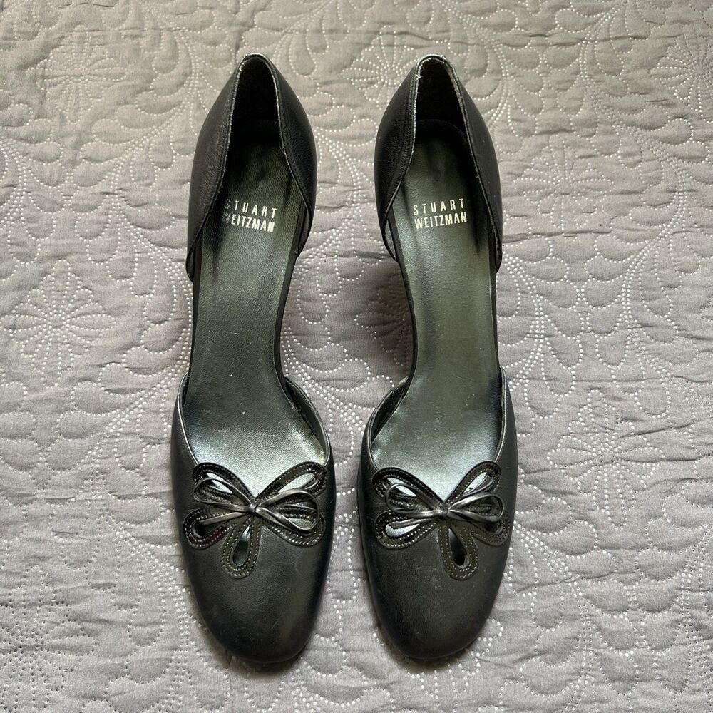 Stuart Weitzman Black Leather D'orsay Bow Floral Pumps Heels SZ 9.5 Retro Glam